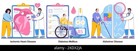 Ischemic heart disease, diabetes mellitus, Alzheimer concept with people character. Elderly people health problems vector illustration set. Dementia, Stock Vector