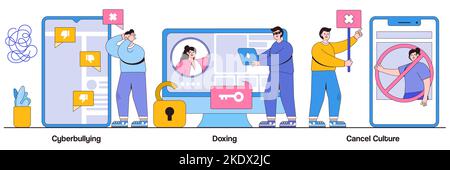 Cyberbullying and doxing, cancel culture concept with people character. Internet harassment vector illustration set. Private content, celebrity shamin Stock Vector