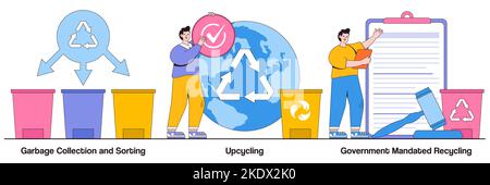 Garbage sorting, upcycling, government mandated recycling concept with people character. Waste collection and recycling problems vector illustration s Stock Vector