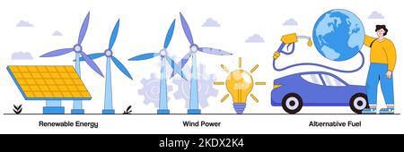 Renewable energy, wind power, alternative fuel concept with people character. Clean energy vector illustration set. Solar panels, green electricity, c Stock Vector