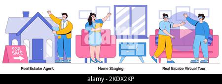 Real estate agent, home staging, real estate virtual tour concept with people character. Real estate buying experience vector illustration set. Sale p Stock Vector
