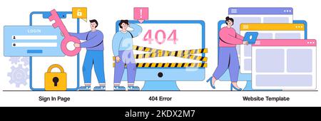 Sign in page, 404 error, website template concept with people character. Website page interface vector illustration set. User login form, UI, new acco Stock Vector
