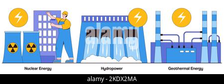 Nuclear power plant, hydropower, geothermal energy concept with people character. Energy sources abstract vector illustration set. Generate electricit Stock Vector