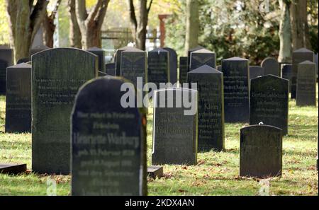 Rostock, Germany. 08th Nov, 2022. Gravestones at the Jewish Cemetery. On 09.11.2022 the victims of the pogrom night of 09.11.1938 are commemorated nationwide. Credit: Bernd Wüstneck/dpa/Alamy Live News Stock Photo