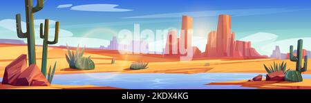 Desert landscape with water in oasis. Cartoon vector illustration of blue river flowing across endless sandy valley with rocks and cacti under blazing sun shining in blue sky. Adventure game background Stock Vector