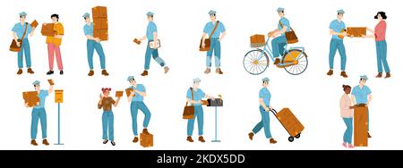 Set of postman characters delivering mail, flat vector illustration on ...