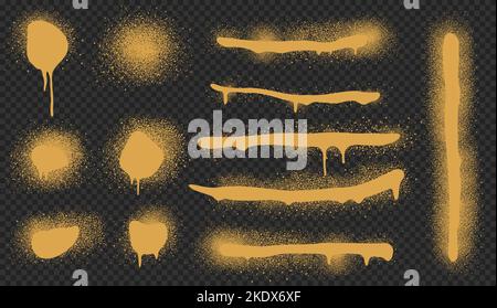 Spray paint drips and lines, golden ink splatters, brush stains with graffiti effect. inky blots in urban street style, blobs or stripes. Design elements isolated on transparent background, Vector set Stock Vector