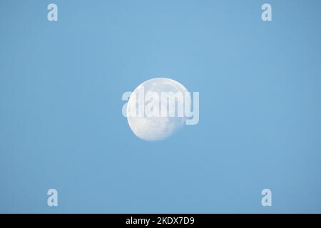 The Moon in the blue sky on a daytime, close-up astronomic photo Stock Photo