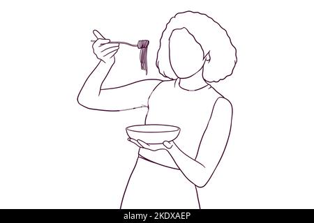 beautiful woman eating a noodle. hand drawn style vector illustration Stock Vector
