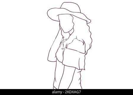 Line Art sexy woman in hat.Vector.Minimalistic logo illustration.Woman Line  Drawing., One Line Drawing.Butterfly on the shoulder.