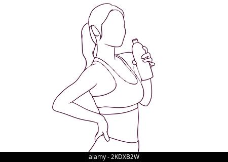 woman in fitness suit holding a bottle of water hand drawn style vector illustration Stock Vector