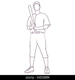 standing baseball player while holding bat. hand drawn style vector illustration Stock Vector