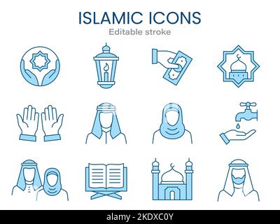 Arabic icons, such as islam, quran, carpet, muslim and more. Editable stroke. Stock Vector