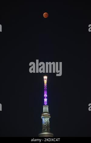 Tokyo. 8th Nov, 2022. This photo taken on Nov. 8, 2022 shows the moon during a total lunar eclipse and the Tokyo Sky Tree in Tokyo, Japan. Credit: Wu Min/Xinhua/Alamy Live News Stock Photo