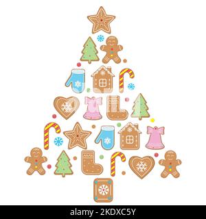 Christmas tree made of ginger cookies, color vector illustration in cartoon style. Stock Vector