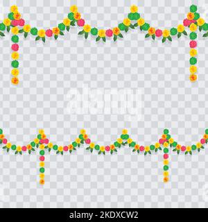 Indian floral garland with flowers and mango leaves on transparent background. Ugadi, Diwali, Ganesha festival pooja, wedding events, decorations. Stock Vector