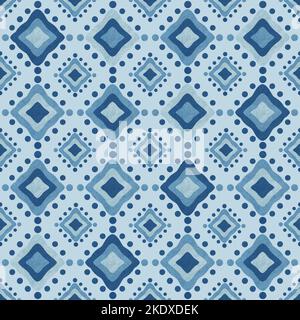 Ethnic oriental seamless pattern in blue tones. Hand drawn textured rhombus and dots. Geometric motifs for background, wallpapers, clothing, fabric. Stock Photo