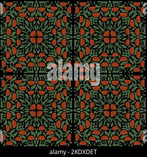 Seamless Pattern with red flowers mandala in antique traditional Arabic, Indian ornaments style. Geometric and mosaic motifs on black background Stock Photo