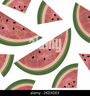 Seamless pattern with Textured Isolated Watermelon Slice and seeds on White Background. Fresh summer print great for wrapping paper, fabric. Stock Photo