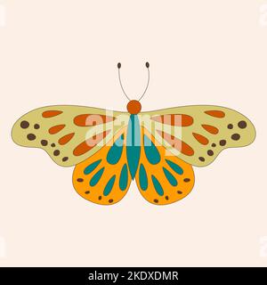 Retro 60s 70s hippie groovy butterfly for cards, stickers or poster design. Flat vector illustration Stock Vector