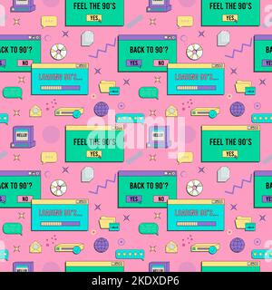Vaporwave UI and UX elements seamless pattern. PC retro game frame ...