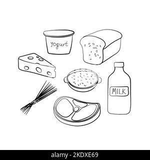 Food icon set. Daily food items sign. Vector cartoon hand drawn illustration Stock Vector