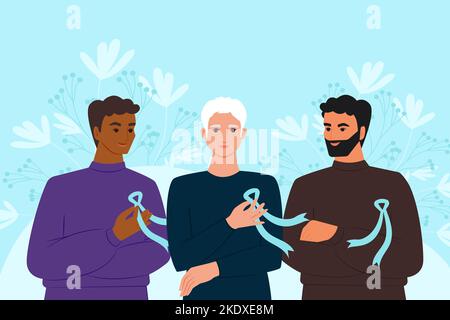 Group of young men with blue ribbons, symbol of prostate cancer awareness month. Vector banner Stock Vector