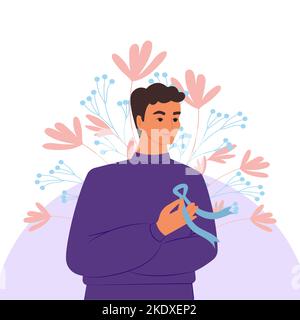 A young man is wearing a blue ribbon, a symbol of the fight against prostate cancer, vector banner in a flat style Stock Vector