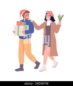Friends preparing for christmas party semi flat color vector characters Stock Vector