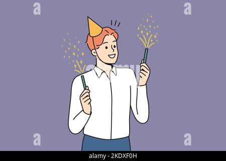 Smiling young man in birthday hat holding sparklers celebrating. Happy businessman have fun enjoy fireworks at party. Vector illustration.  Stock Vector