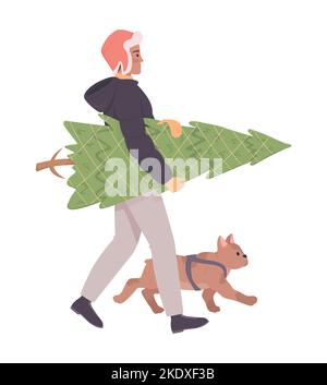 Man with real Christmas tree and french bulldog semi flat color vector characters Stock Vector