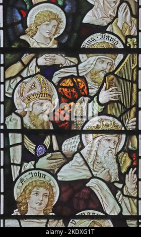 Stained glass window by Percy Bacon depicting King David, Saint Boniface and another Saintly King, St Peter's Church, Caversham, Berkshire Stock Photo