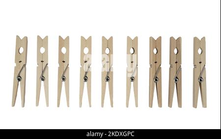 a row of wooden clothespins on a transparent background Stock Photo