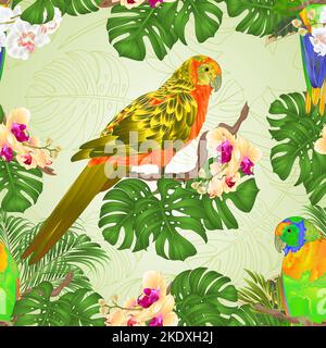 Seamless texture Sun Conure Parrots tropical exotic birds   with beautiful yellow and white orchid and philodendron vintage vector illustration editab Stock Vector