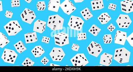 Gambling game dice. Seamless pattern of realistic isometric white play dice cubes with black dot isolated on blue background. Object to play in casino Stock Vector