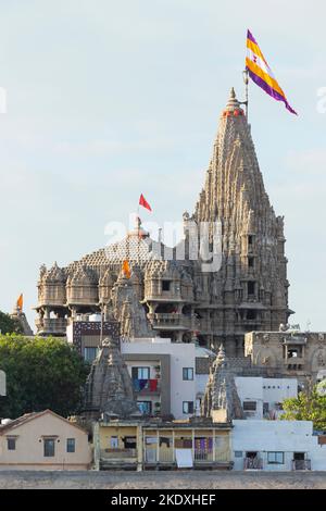 View of Dwarkadhish Temple, current architecture of Temple was built by Chalukya in 15-16th Century, Dwarka, Gujarat, India. Stock Photo