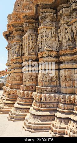 Sculptures of god and goddesses along with male and female figures on  Rukmini Devi Temple, Dwarka, Gujarat, India. Stock Photo