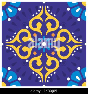 Mexican style floral vibrant tiles design, single and seamless vector background with flowers and swirls inspired by folk art from Mexico Stock Vector