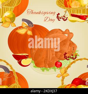 Seamless texture thanksgiving day turkey and fruits in a basket celebratory food vintage vector illustration editable hand draw Stock Vector