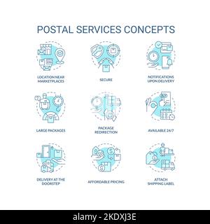 Postal service advantages turquoise concept icons set Stock Vector