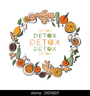 Detox natural element doodle hand drawn round. Vector illustration Stock Vector