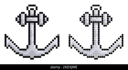 Pixel icon. Ship anchor. Safe anchorage of ships in port. Simple retro game vector isolated on white background Stock Vector