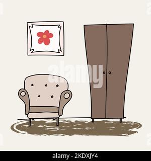 A hand drawn room, armchair wardrobe picture Stock Vector