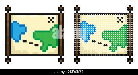 Pixel icon. Old map. Papyrus paper rolled up. Medieval letters and pirate treasure maps. Simple retro game vector isolated on white background Stock Vector