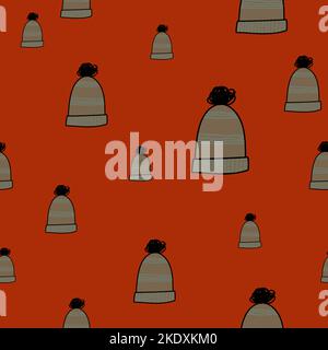 seamless pattern of warm winter hats with bubo Stock Vector