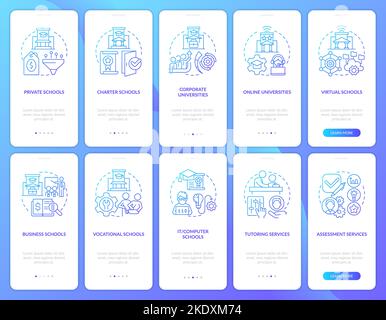 Education service providers blue gradient onboarding mobile app screen set Stock Vector