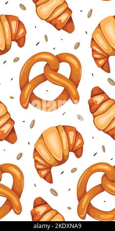 Seamless pattern with pretzels and croissants on white background. Backdrop with buns. Vector texture with German and French bakery treats Stock Vector