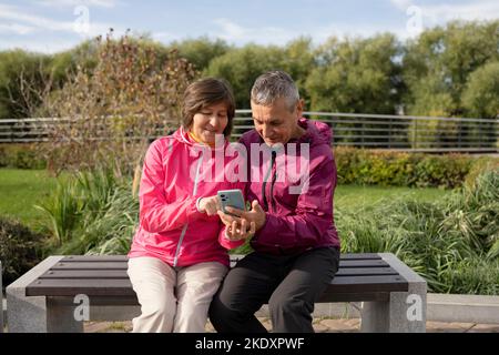 Mature sportsman and sportswoman in activewear sitting on bench and browsing social media on cellphone while sitting on bench during break in fitness Stock Photo