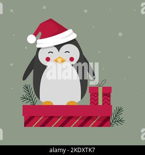 cartoon winter christmas character penguin wearing hat on standing on gift box Stock Vector