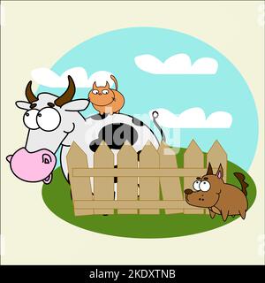 Cute cow with a cat and a dog stand near the fence Stock Vector